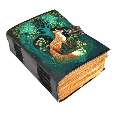 Diario Hecho a Mano de Piel de Zorro 5×7” | Cuaderno de Arte del Bosque con 200 Páginas de Borde Irregular | Diario con Candado Vintage