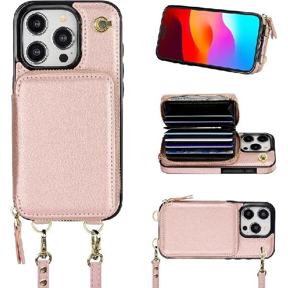 Bocasal Crossbody Wallet Case for iPhone 15 Pro, RFID Blocking Leather Purse Case with Card Holder, Protective Handbag Flip Cover with Zipper Wrist