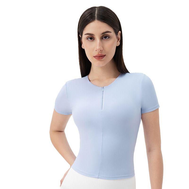Foreign Trade Belt Chest Pad Yoga Clothes Short Sleeve Front Zipper Tight Fitness Top Nude Feel High Elastic Sports Running T-shirt Women