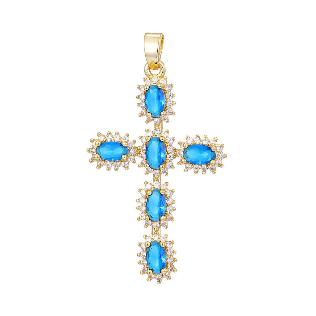 Gold-Plated Multi-Color Zirconia Cross Necklace with Full Diamond Design