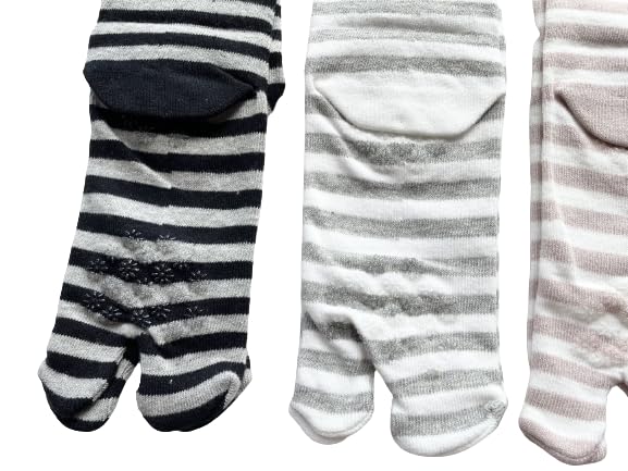 Tabi Socks with 3 Elastic Loose Cotton Outer Striped Set Women's Non-Slip Finish, Pairs, Cuffs, Fit, 100% Thread, Pattern, 3-Pair (Colors Available)
