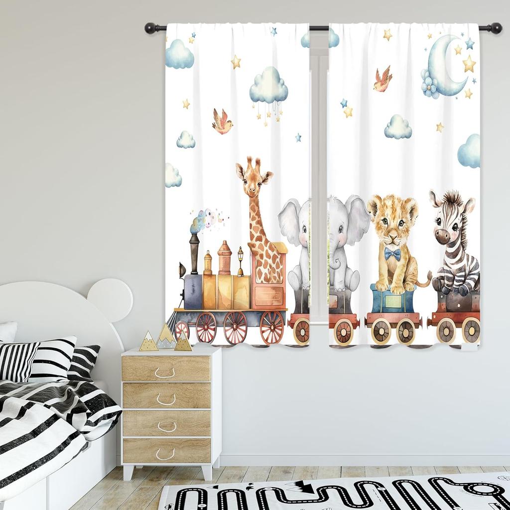 Kids Child Curtains Cute Cartoon Animal Woodland Jungle Adventure Wild Train Wildlife Rod Pocket Lion Elephant Stars Bedroom