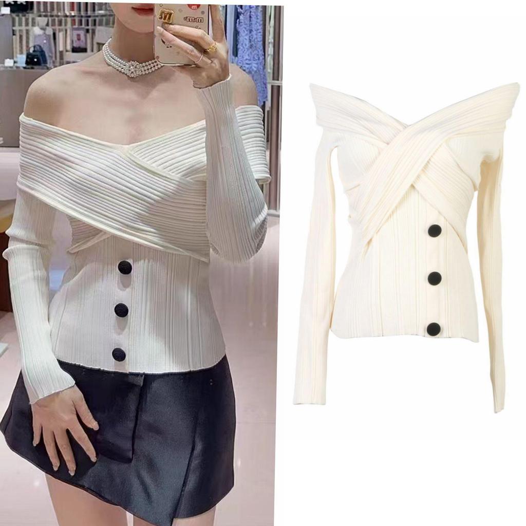 Autumn French One-Shoulder Slim Fit Knitted Sweater - Elegant Women's Fashion