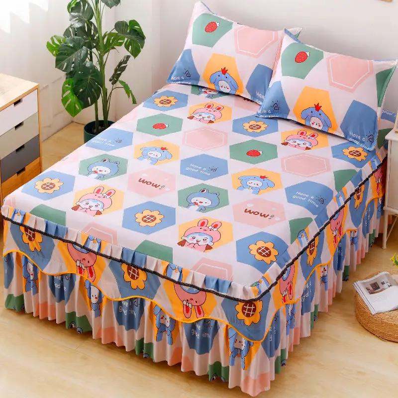 Falista koronkowa spódnica na łóżko Miękka i wygodna drukowana pościel Wzór roślinny Antypoślizgowa i pyłoszczelna narzuta na łóżko Pościel