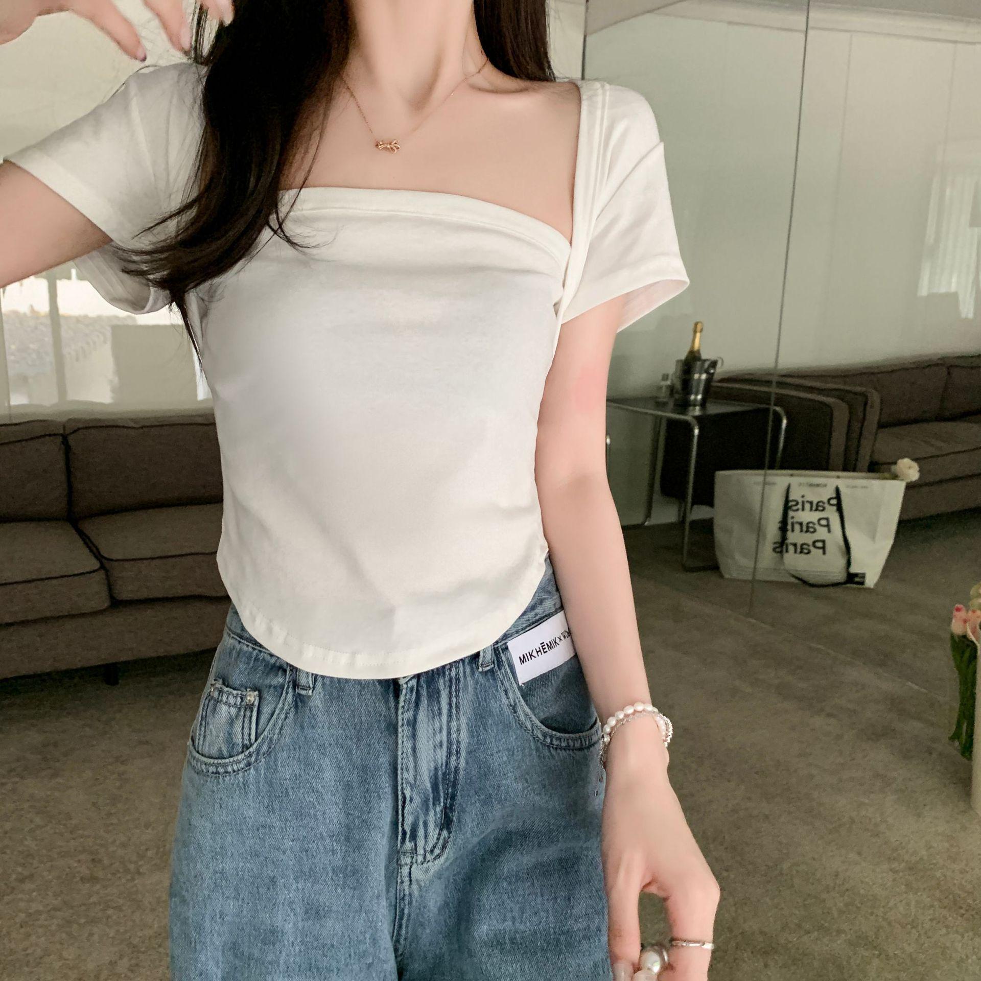 

Women s Square Neck Cotton Top - French Design, U-Shaped Hem, Short Sleeve (2022 Summer Collection) Small білий
