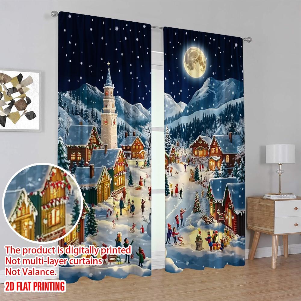 2pcs 2D flat printing Merry Christmas Curtain Cartoon villages and cedar trees 100% Polyester Without Electricity Birthday Party
