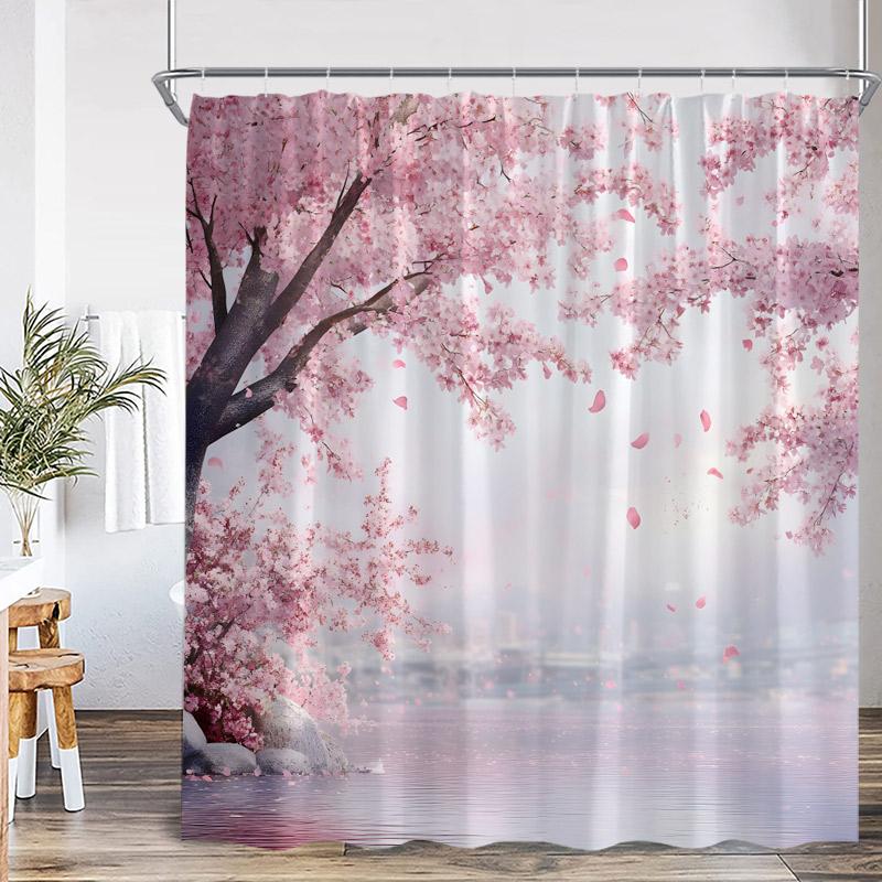 Japanese Style Shower Curtain Pink Cherry Blossom Floral White Crane Mountain Koi Carp Ink Scenery Modern Bathroom Curtain Decor