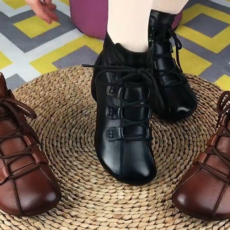 Autumn new low-heeled short boots casual leather lace-up Martin boots warm women's cotton shoes women