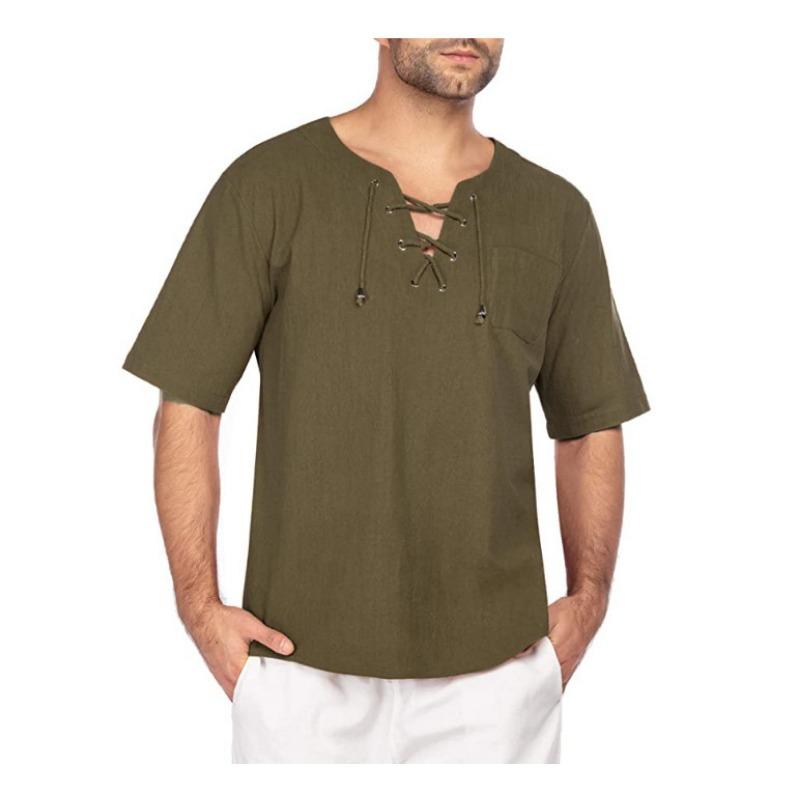 

Summer Men s Short Sleeved Top Cotton Linen Tie Collar Casual Men s Whtie Black Shirt XXXL армія зелений колір