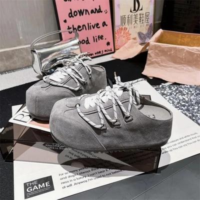 Women's Mules Platform Sole Cover Toe Lace-up Decoration Women Slippers Dress Cow Suede Korean Style Leisure Zapatillas De Mujer
