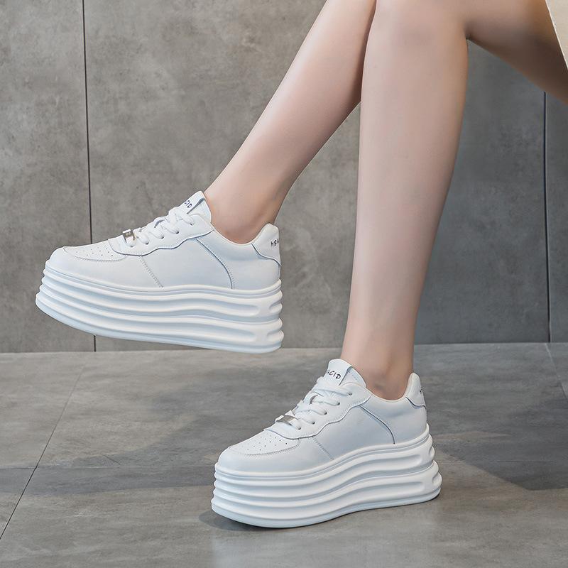 Height-increasing Women's Shoes Leather Little White Shoes Women's Thick-soled Muffin Shoes 2025 Spring Versatile Shallow Mouth Soft-soled Casual