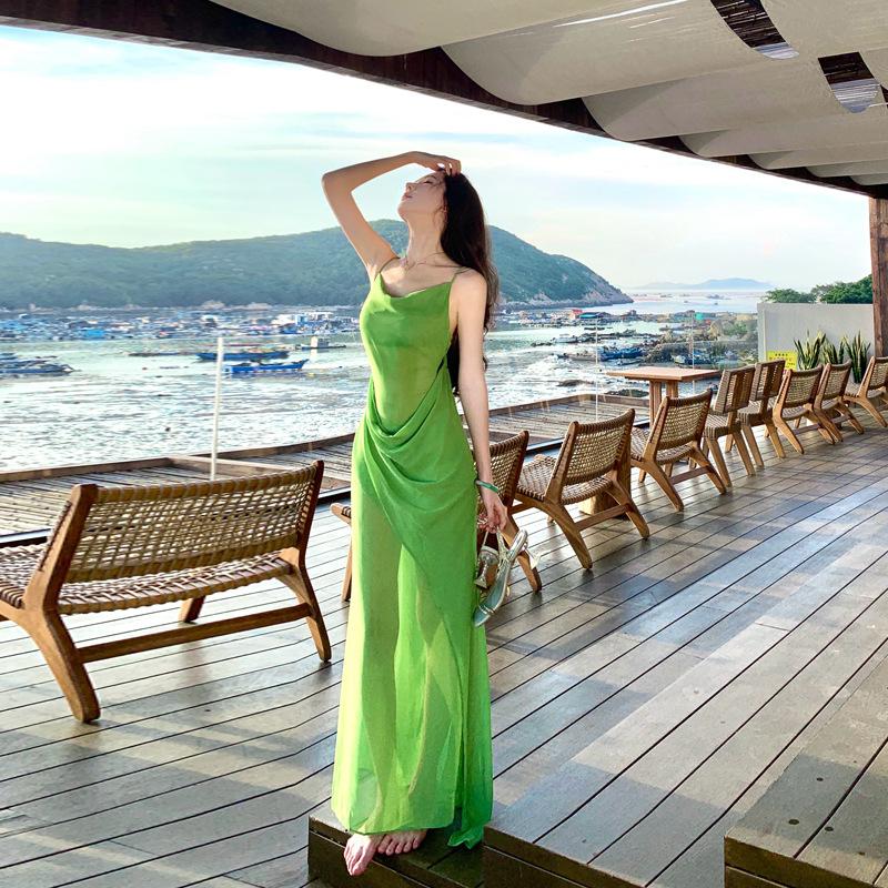 French Green Swinging Collar Suspender Dress Women's Summer Seaside Vacation Beautiful High-end Temperament Long Skirt