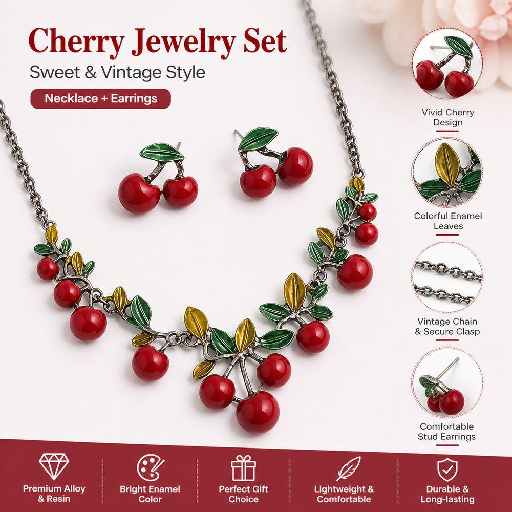 Dangling Charms Cherry Necklace Set Red Collarbone Necklace New Necklace Earring Set  Daily Outfits