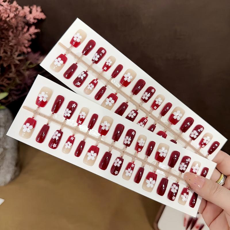 Red French Tip Press On Nails 30 PCS with Flower Prints Full Cover Fake Nails For Students and Office Use Easy Removable Nail Set