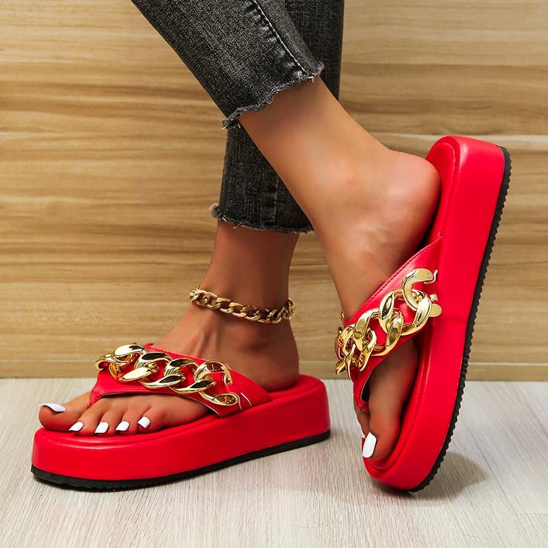 Ladies Summer New Fashion Round Toe Metal Chain Designer Women's Shoes Leather Clip-toe Beach Dress Women's Flip Flops
