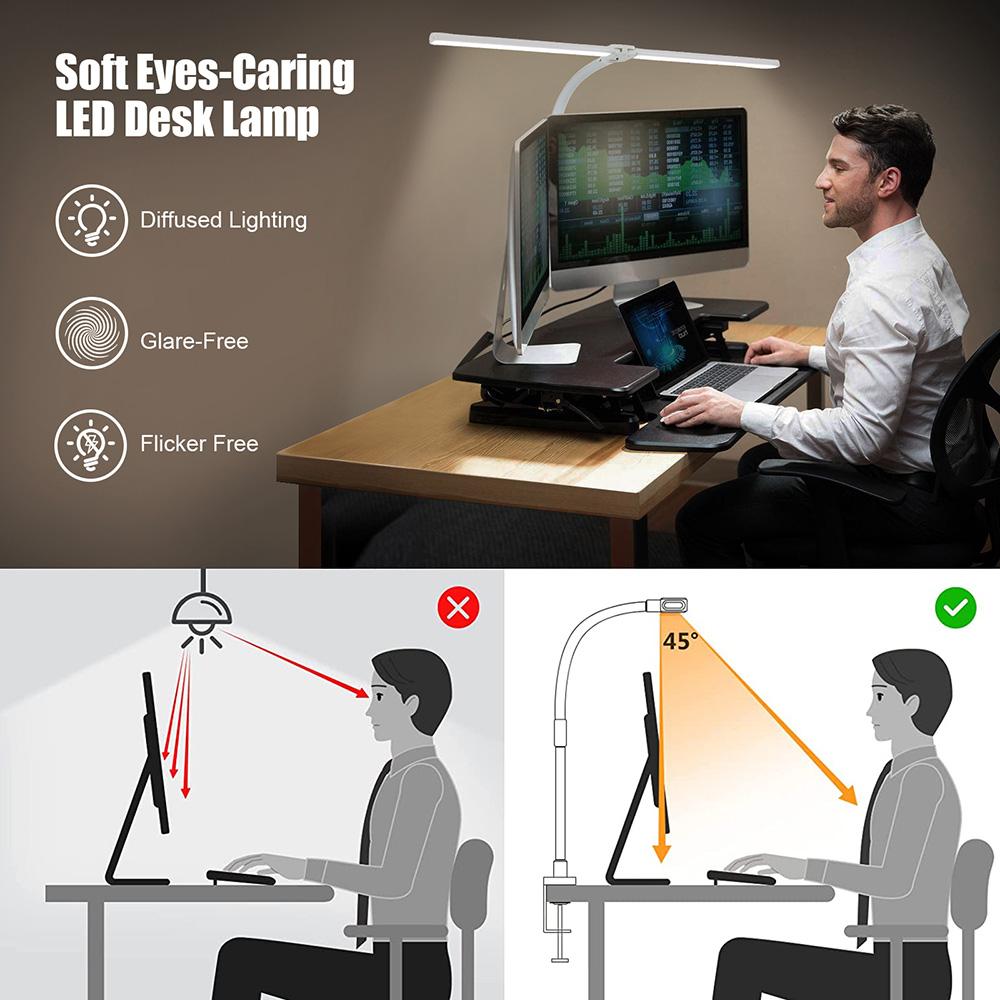 24W LED Double Head Swing Arm Desk Architect Lamp Dimmable 360° Gooseneck Lamp Reading Table Light with Remote Control Clip