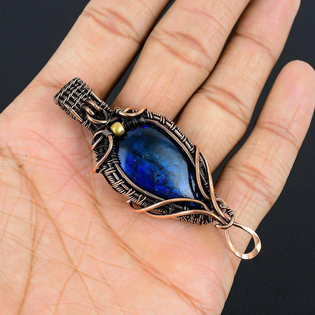 Blue Flash Labradorite Handmade Pendant,  Gemstone Jewelry, 999 Copper Wire Wrapped Pendant Jewelry, For Gift