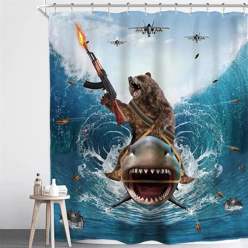 Rideau de douche amusant Chat sur Dinosaure Vagues de l'Océan Mer Rideau de Bain Créatif pour Enfants Tissu Polyester Décoration de Salle de Bain Avec Crochets