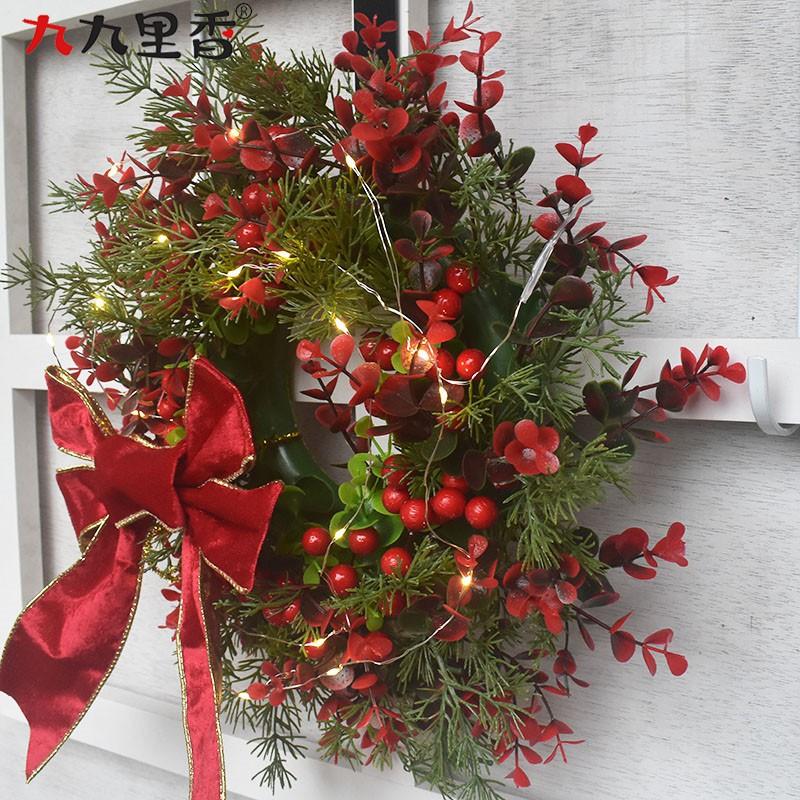 Mini Christmas Wreath With LED Lights Red Berries Eucalyptus Decor Holiday Home Door Wall