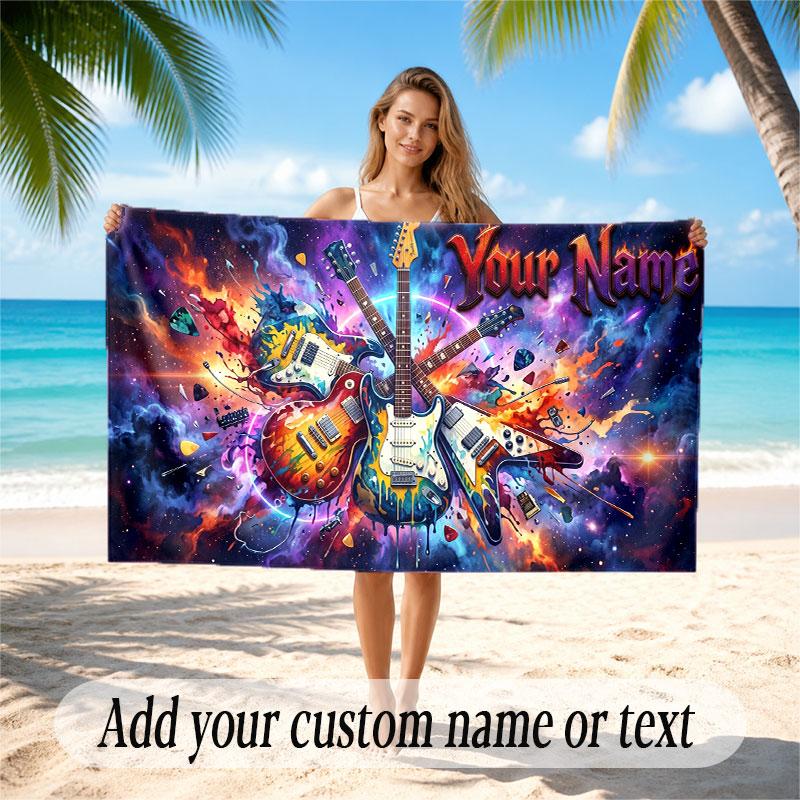 Music Guitar Theme Beach Towel Personalized Custom Name & Text Soft Quick Dry Beach Towel for Swimming Travel