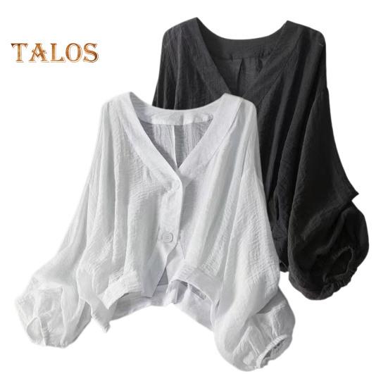 Women Loose Fit Shirt V-Neck Lantern Long Sleeve Two-Button Placket Tops Solid Color Loose Fit Casual Shirt