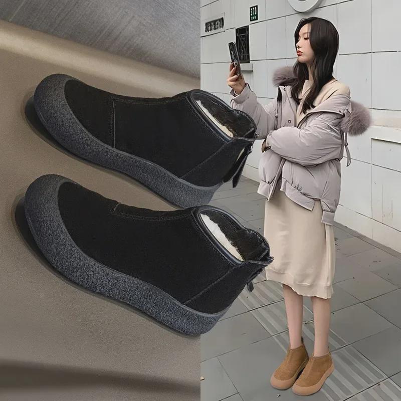 Dámské zimní zateplené sněhule s vysokým svrškem a silnou podrážkou, z tkané vlny a kožešiny, 2024