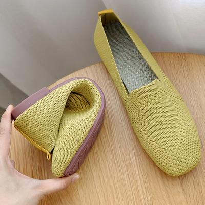 Fashion Spring New Ballet Flats Women Knit Fabric Square Toe Daily Loafers Breathable Flats Driving Shoes Boat Shoes PlusSize 35-42