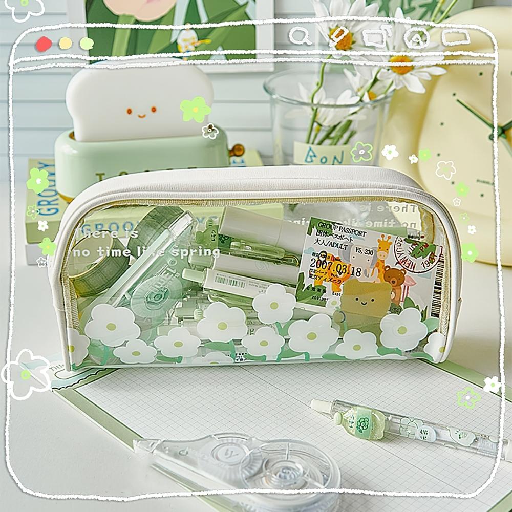 Spring Collection Pen Bag Pencil Case PU PVC Transparent Flower Storage Pouch for Stationery School