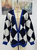 Autumn and Winter Women's Plus Size V-neck Diamond Grid Splicing Color Collision Loose Knitted Cardigan Jacket Sweater