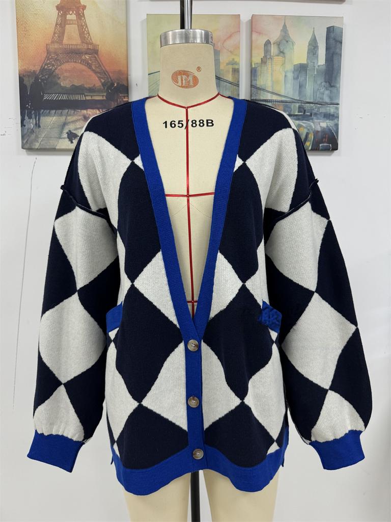 Autumn and Winter Women's Plus Size V-neck Diamond Grid Splicing Color Collision Loose Knitted Cardigan Jacket Sweater