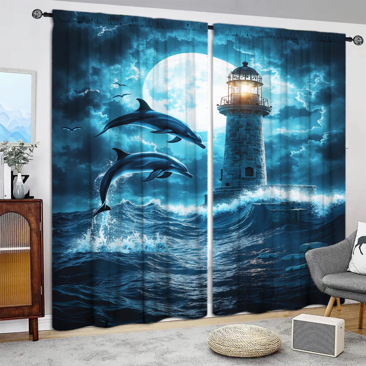 

Panels Night Sea Lighthouse Dolphin Curtains Shade Privacy Protection Suitable Decorating Various Rooms Curtain Made Of Polyester W100*H70(CM)-Rod Pocket&1PCS