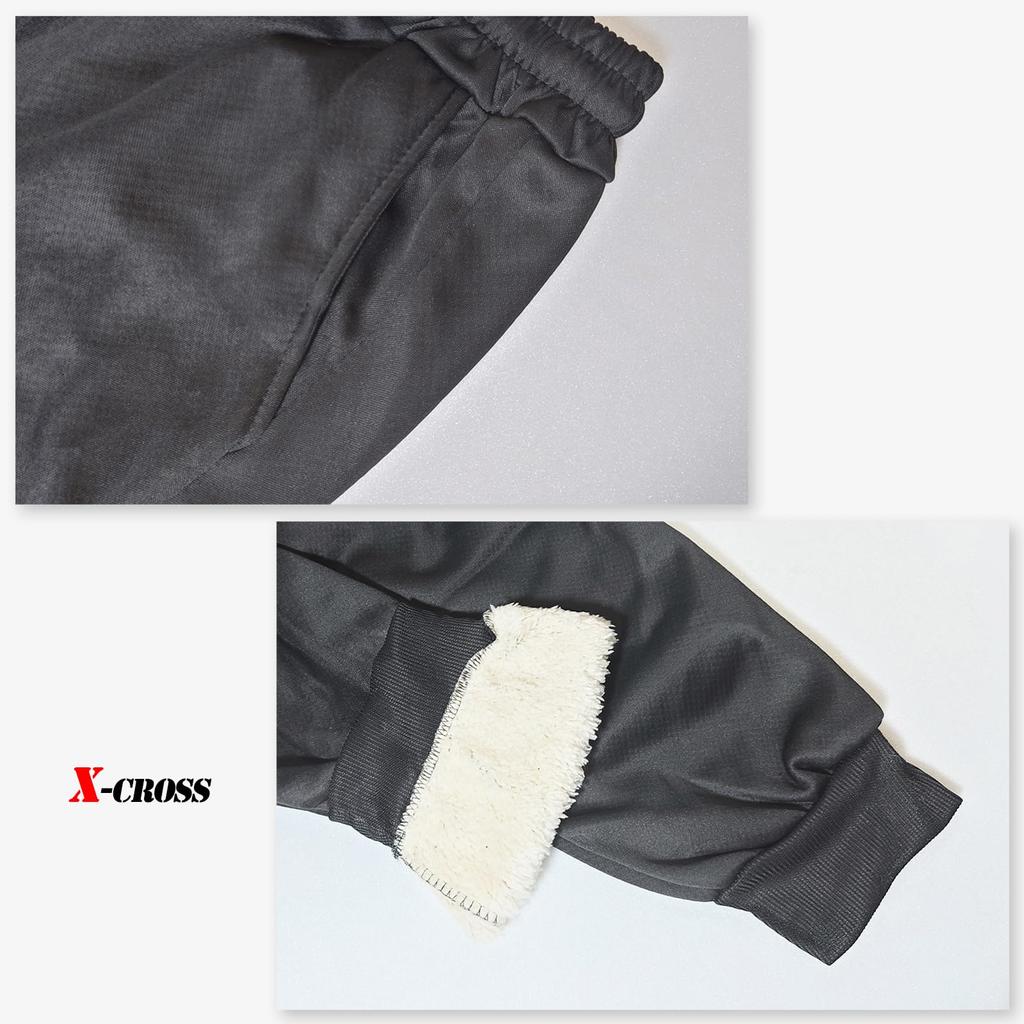 Easy Outdoor Elastic Fleece Warm Thermal Solid Winter Jogger Ribbed Brushed Black X-cross Men's Pants, Fall/Winter, Fleece-Lined, Black, Lightweight,