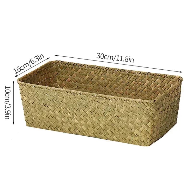 Handmade Woven Seagrass Storage Basket Desktop Straw Rattan Organzier Picnic Storage Box Desk Cosmetic Fruit Sundries Container