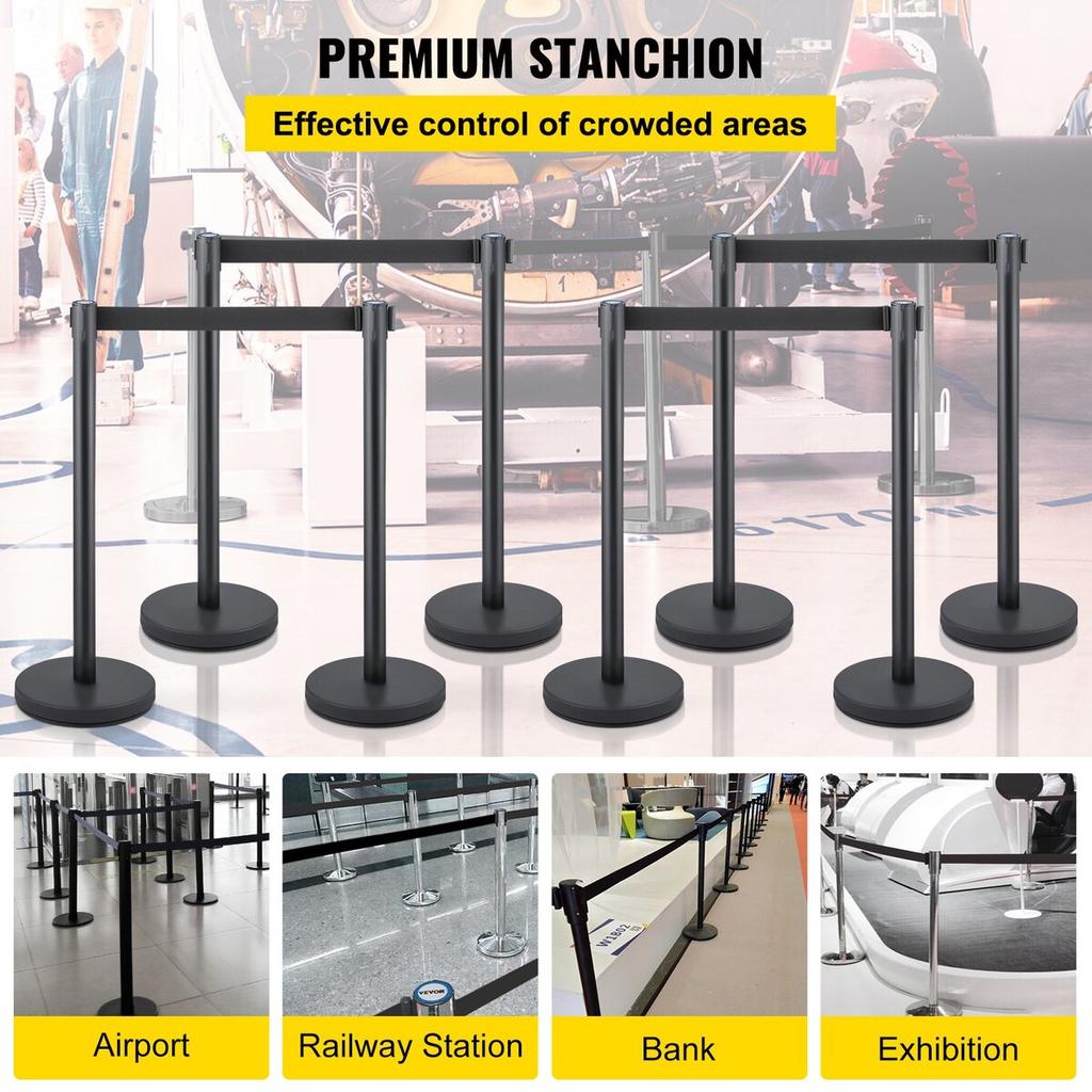 Crowd Control Stanchion, 8 Pieces Stanchion Set, with 6.6 ft/2 m Black Retractable Belt, Black Crowd Control Barrier w/Concrete and Metal Base, Easy