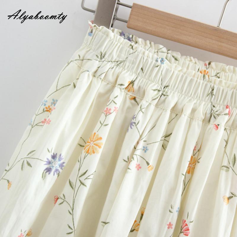Letní dámský japonský styl Preppy Sukně A-Line Pružný pas Meruňkový květinový potisk Bavlna Sladké sukně Dámské