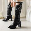 FOREADA Women Knee High Boots Round Toe Chunky High Heels Chain Buckle Zipper Long Boots Ladies Fashion Shoes Autumn Winter 46