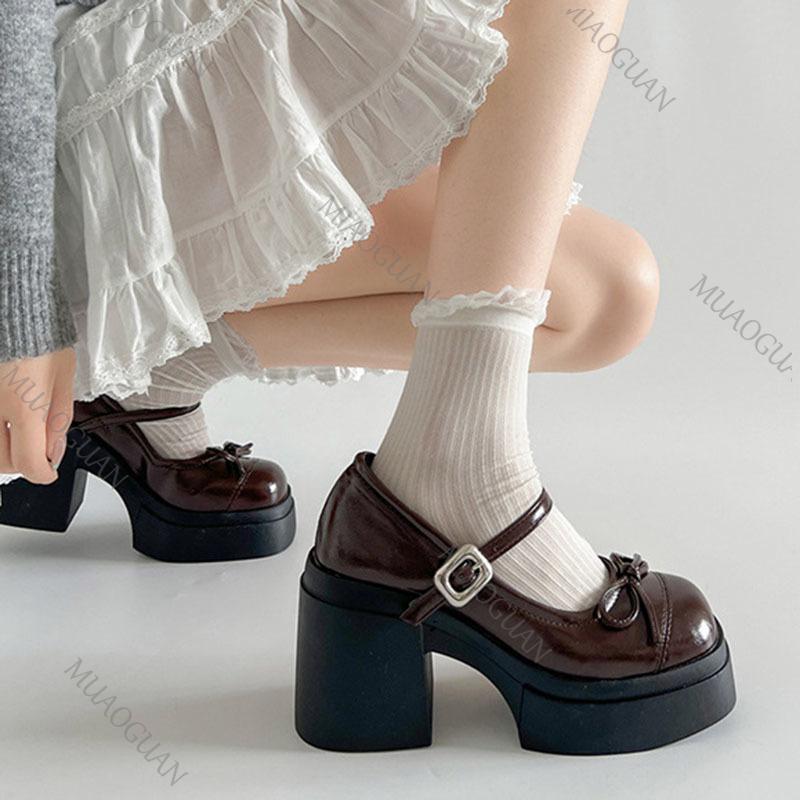Fashion 10cm Thick High Heels Mary Jane Shoes for Women Vintage Shallow Platform Pumps Fashion Square Toe Heeled Loafers Women Shoes