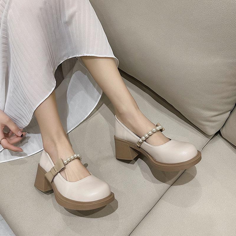 Mary Jane shoes spring summer Internet celebrity white high heels women French thick heel light mouth small leather shoes single shoes women