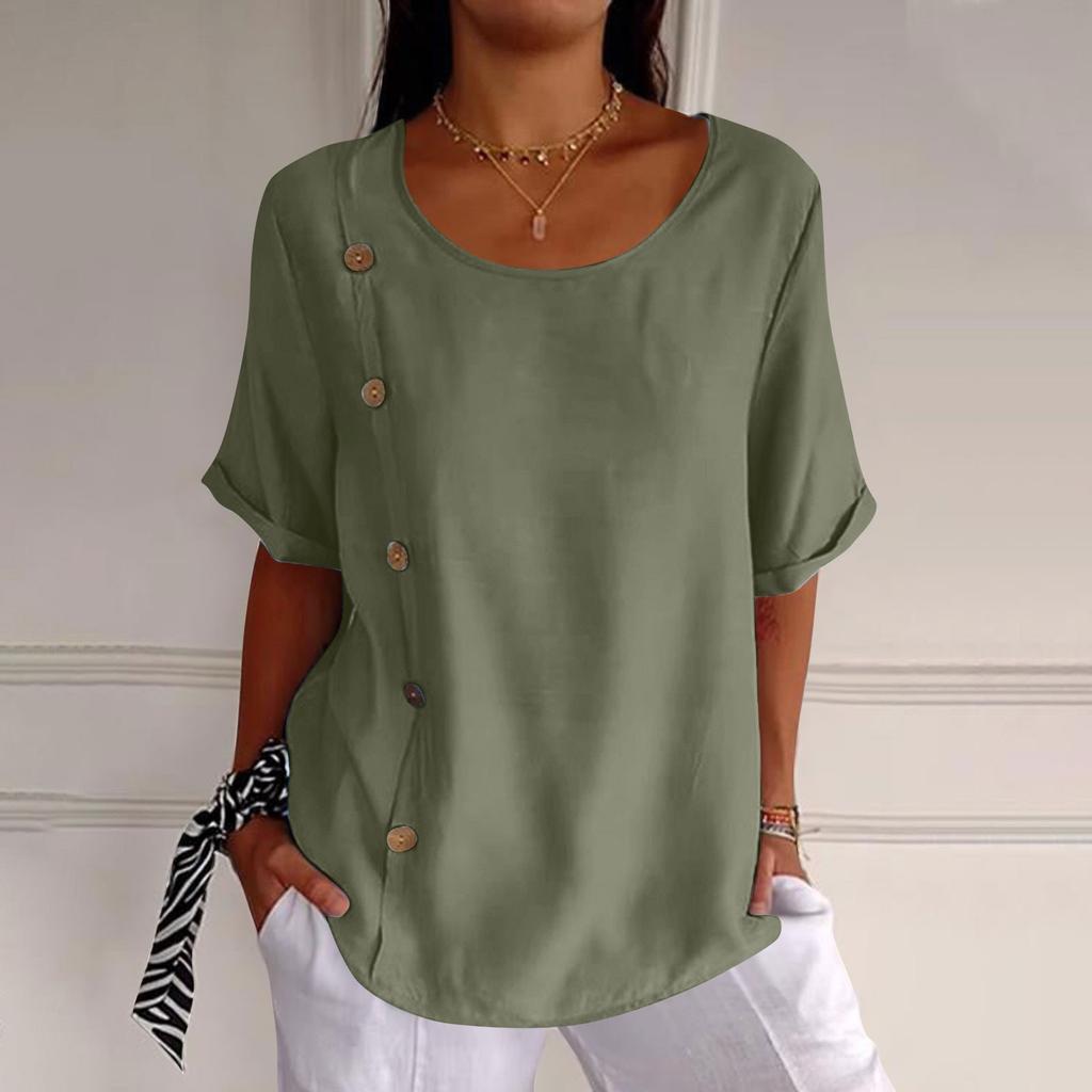 T-shirty z krótkim rękawem i dekoltem w kształcie litery "o" dla kobiet modne topy lekka, miękka, letnia koszula na co dzień z guzikami