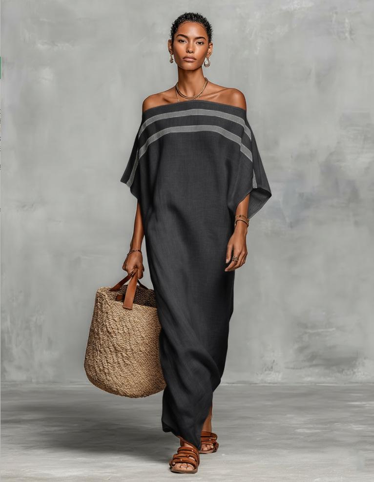 2026 new European and American independent station women's stand-up collar striped casual loose dress