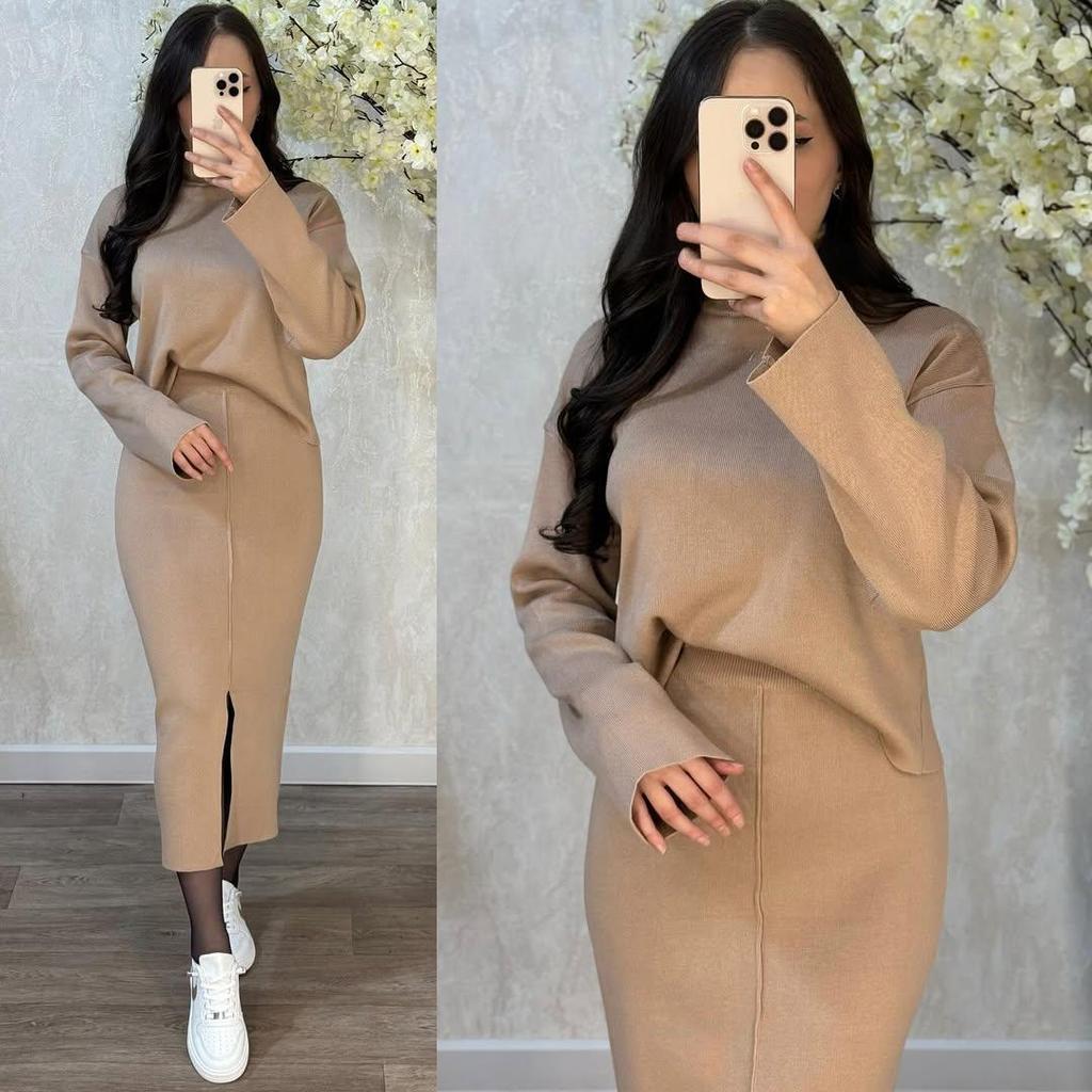 2025 Solid Color Knit Pullover & Split Skirt Set