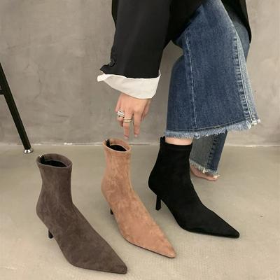 Outono Salto Alto Stretch Slim Mulheres Botins de Tornozelo Outono Senhoras Elegantes Bico Fino Curto Botas Zapatos De Mujer