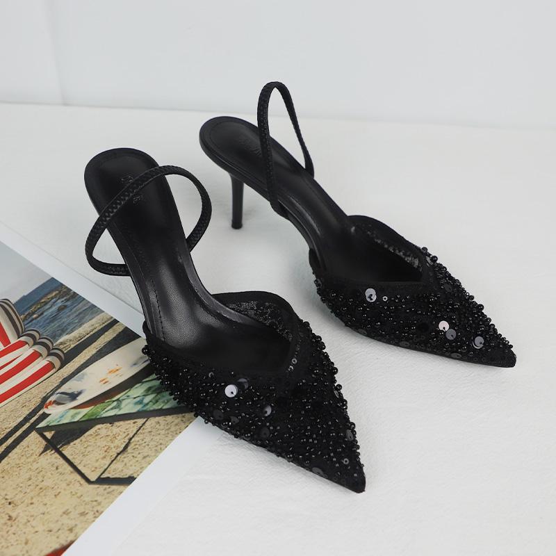 Mode Elegant Party High Heels Damenschuhe Glitzernde Pailletten Perlen Mesh Markendesign 2025 Sommer Stiletto Büro Dame Luxussandalen