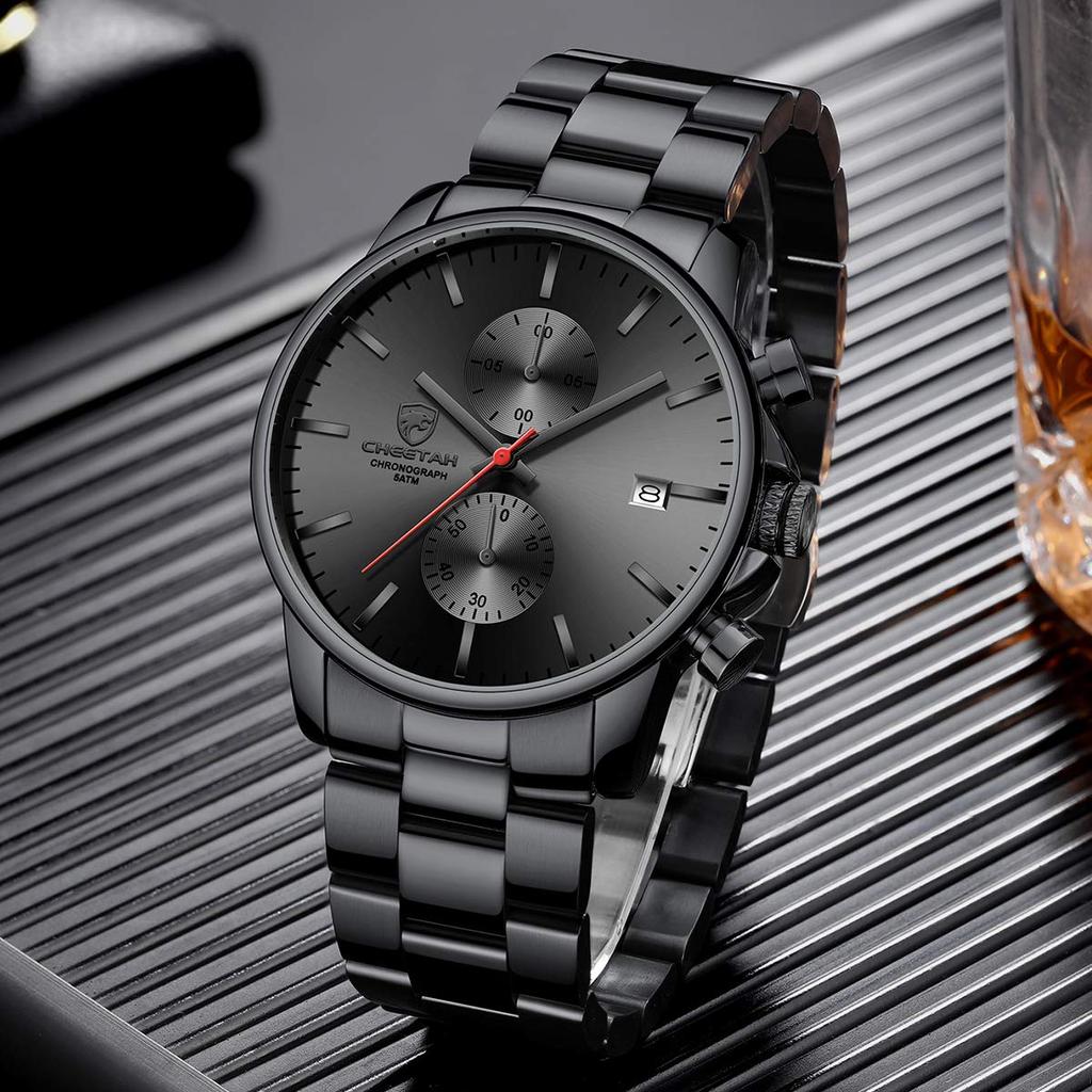 GOLDEN HOUR Fashion Business Watch Stainless Steel Waterproof Chronograph Quartz Watch Automatic Quartz Chronograph Men's Date, Black, 1.65 Inch,