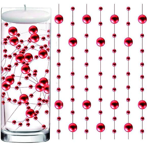 50 Pcs Pearl String for Floating Candles Centerpiece, Red Faux Pearl Beads Vase Filler for Wedding Table Décor.