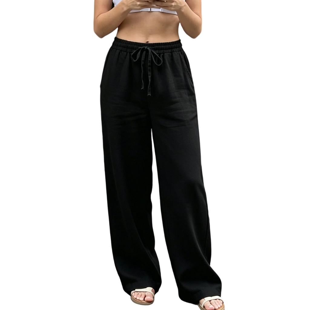 Pantaloni Casual da Donna a Vestibilità Larga Vita Elastica Coulisse Gamba Larga Taglio Dritto Tasche Comodi per l'Uso Quotidiano