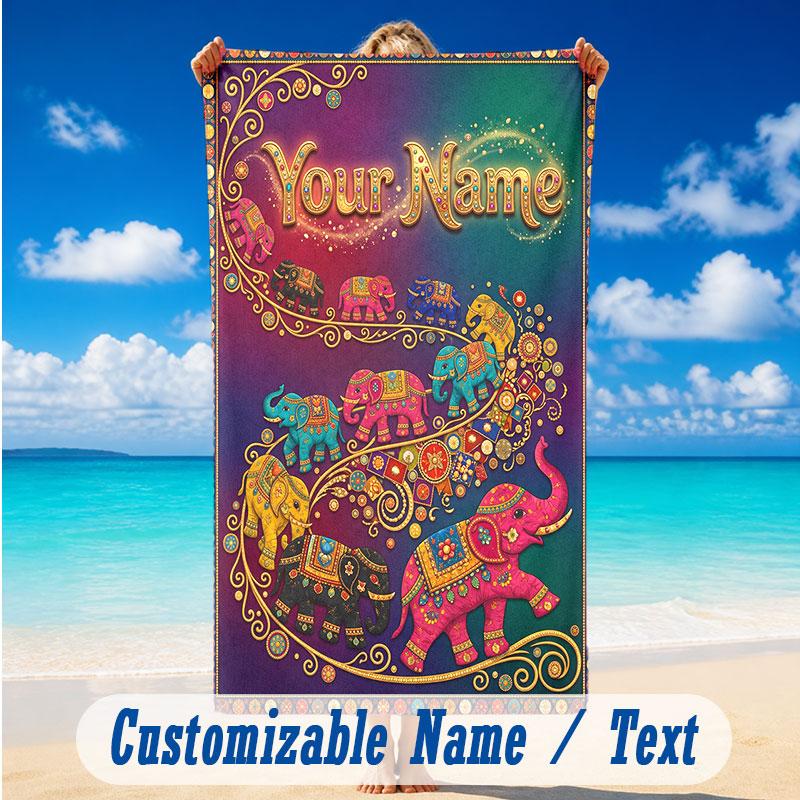 Elephant Theme Beach Towel Personalized Custom Name & Text Soft Quick Dry Beach Towel for Swimming Travel