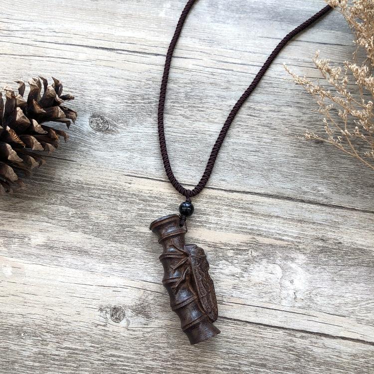 Retro Hand-carved Mahogany Long Necklace Women's Fashion Temperament Cotton and Linen Clothing Sweater Chain Accessories