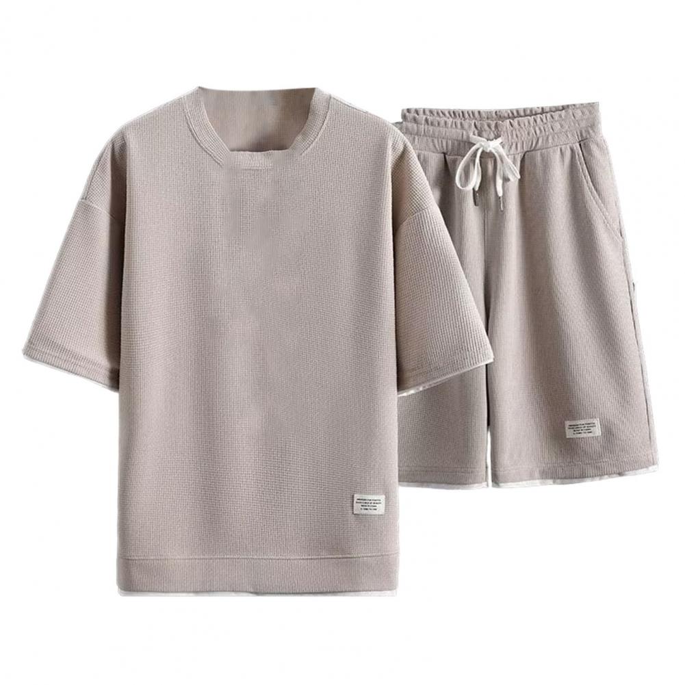 2-teiliges/Set Herren Sommer Sportanzug O-Ausschnitt Kurzarm T-Shirt Elastische Taille Verstellbarer Kordelzug Weitbein-Shorts Set Waffeltextur