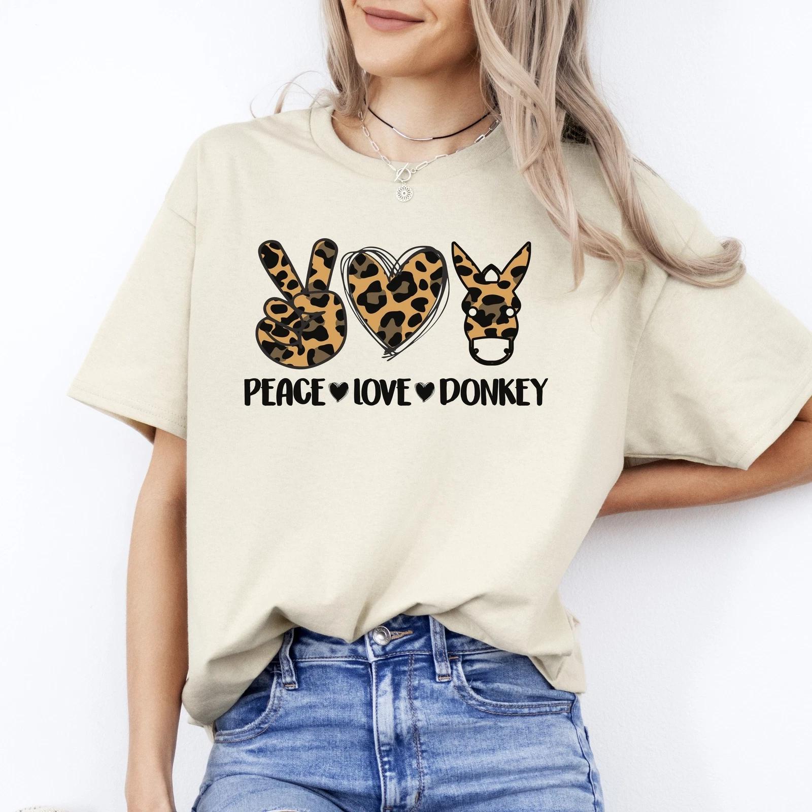 Peace Love Donkey T-Shirt Leopard skin Donkey lover Farmer Unisex Tee Sand White M